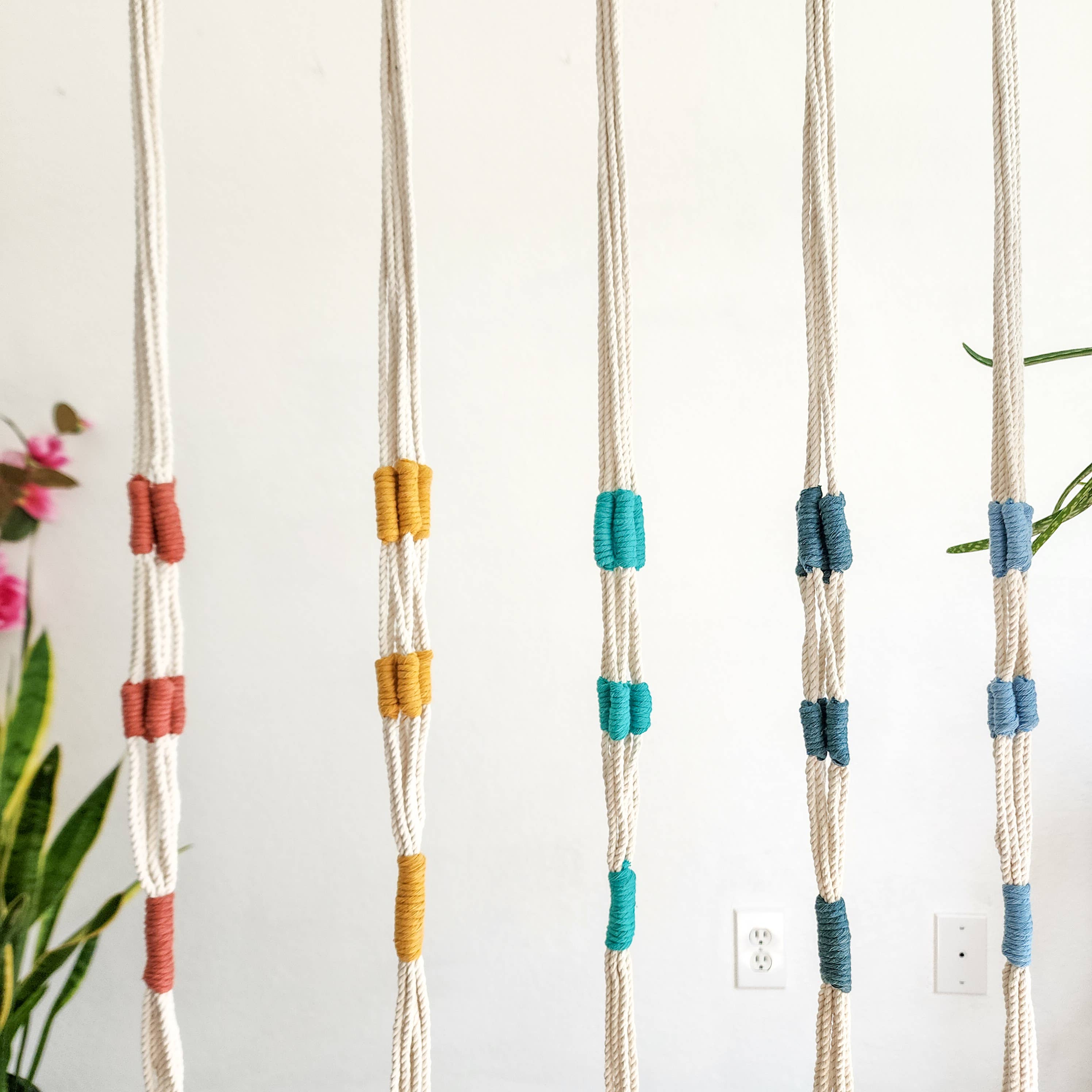 Color Block Plant Hangers, Handmade Macrame Plant Accessory: Peacock Blue